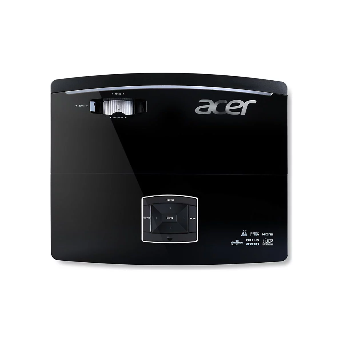Schwarzer Acer-Projektor mit Bedienelementen und Logo. Zoom-, Fokus- und andere Funktionen sind beschriftet. Full HD 1080p.