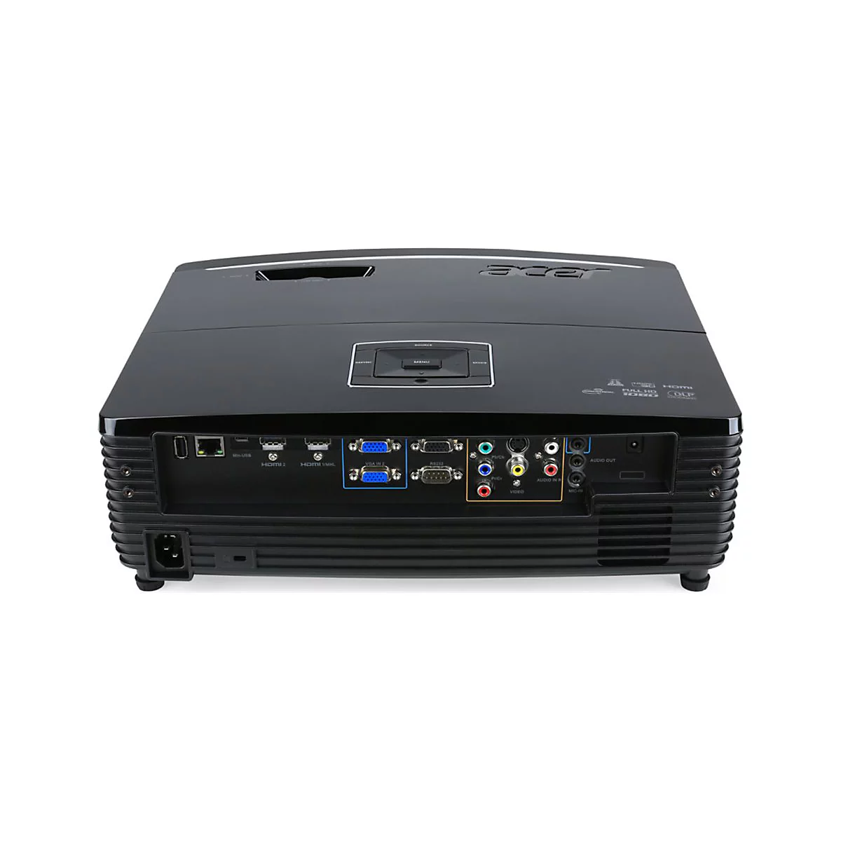 Schwarzer Projektor mit Anschlüssen für HDMI, VGA und Audio. Acer-Logo. Rückansicht.