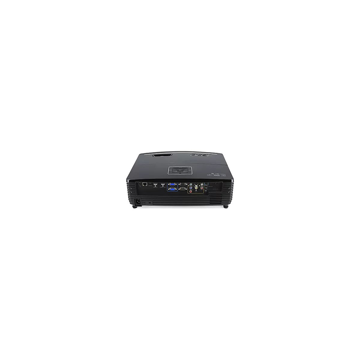 Rückseite eines schwarzen Beamers mit diversen Anschlüssen wie HDMI, VGA, Audio und Stromanschluss.