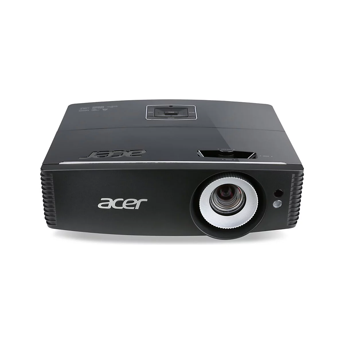 Schwarzer Acer-Beamer, Frontansicht. Das Objektiv ist links positioniert. Das Acer-Logo befindet sich unten links, oben rechts ist ein Kontrollfeld.