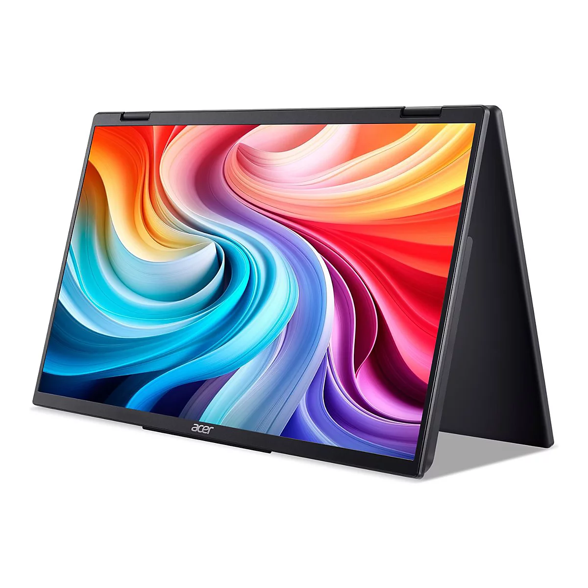 Schwarzes Acer Notebook im Zelt-Modus mit farbenfrohem, wellenförmigem Abstraktbild auf dem Display.