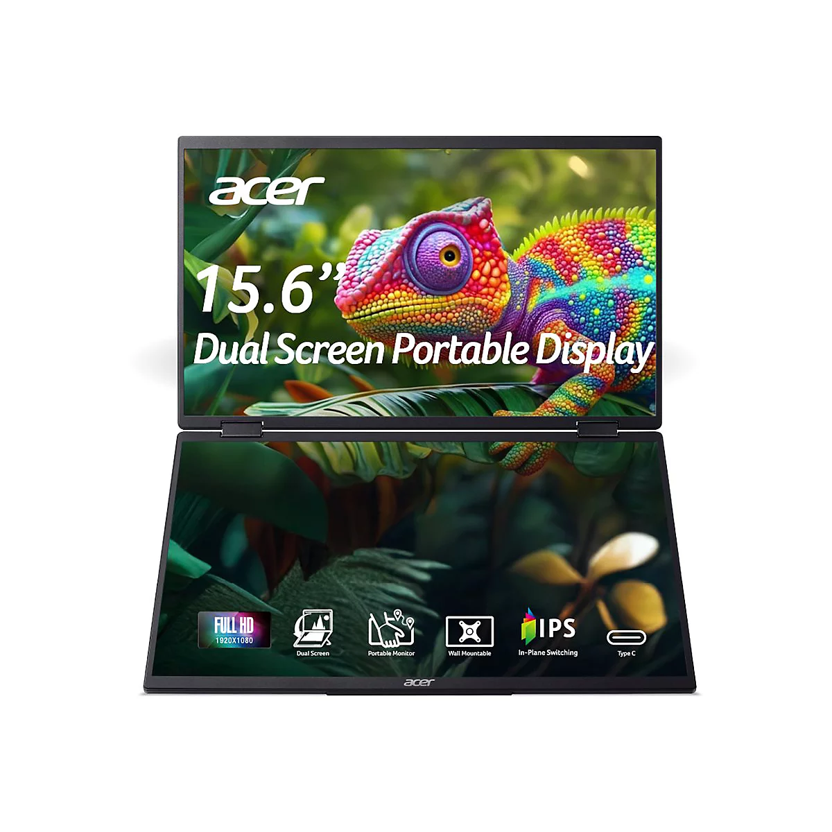 Acer 15,6 Zoll Dual-Screen tragbarer Monitor mit farbenfrohem Chamäleon-Display und technischen Icons.