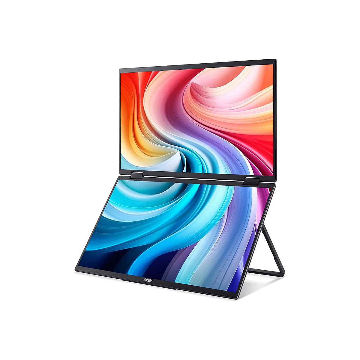 Acer Laptop mit zwei Bildschirmen übereinander vor weißem Hintergrund.