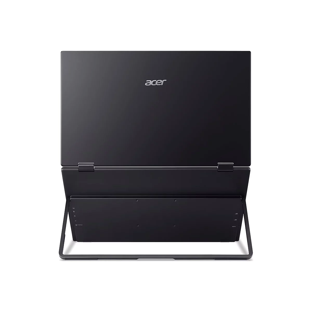 Rückseite eines schwarzen Acer-Monitors mit ausklappbarem Standfuß vor weißem Hintergrund.