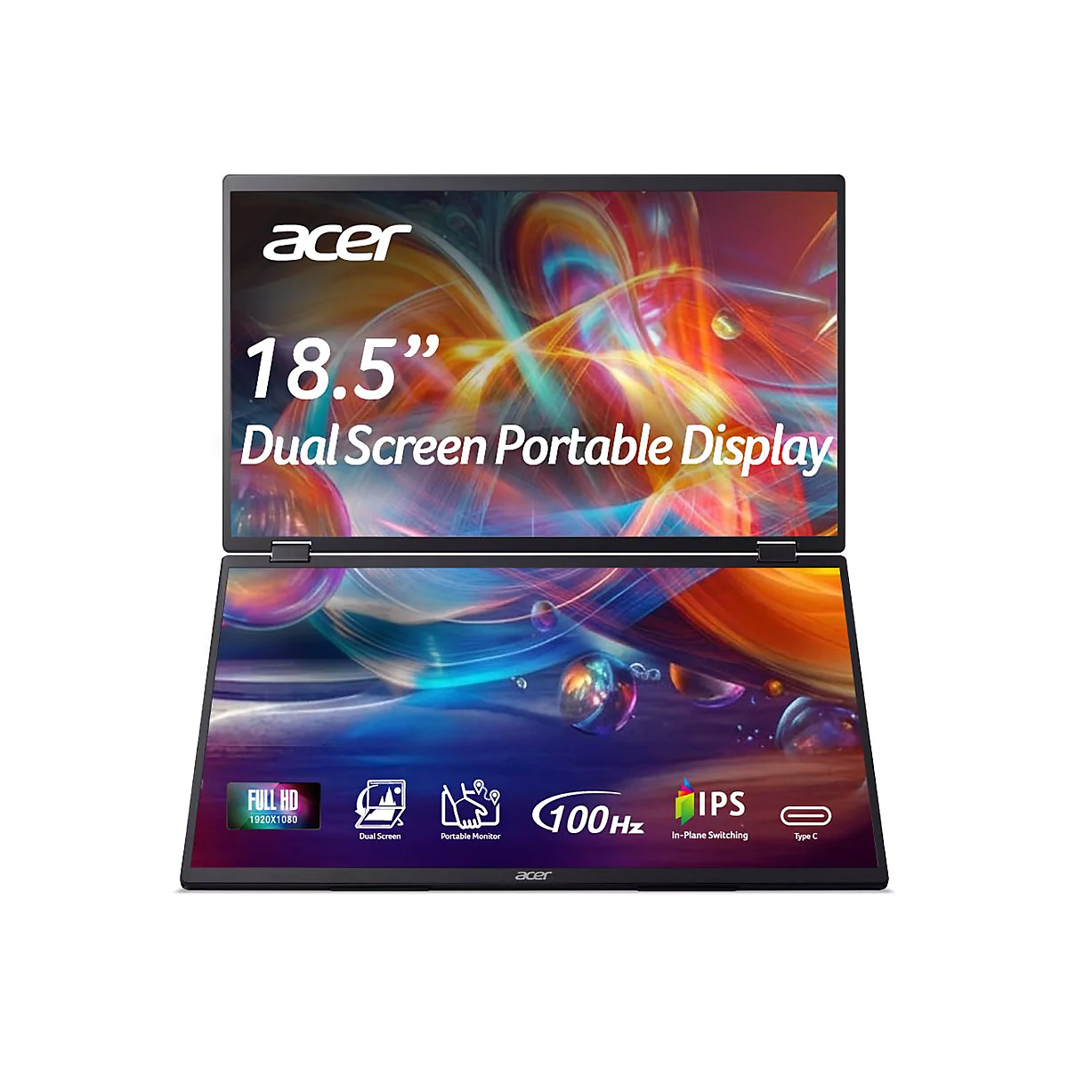 Acer 18,5 Zoll Dual-Bildschirm tragbares Display, mit IPS-Panel, 100Hz und Full HD Auflösung.