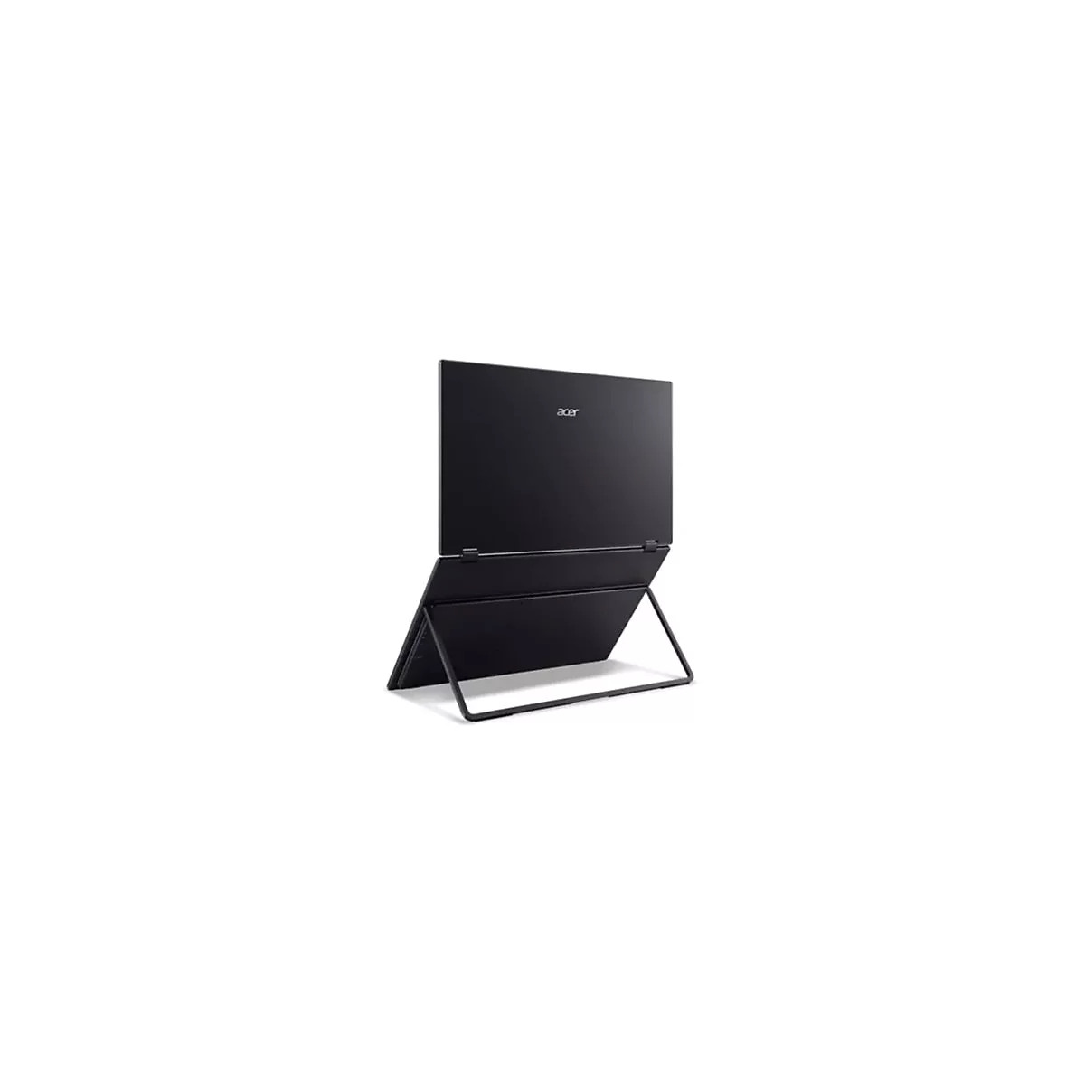 Schwarzer Acer Laptop, teilweise aufgeklappt und auf einem Ständer aufgestellt, vor weißem Hintergrund.