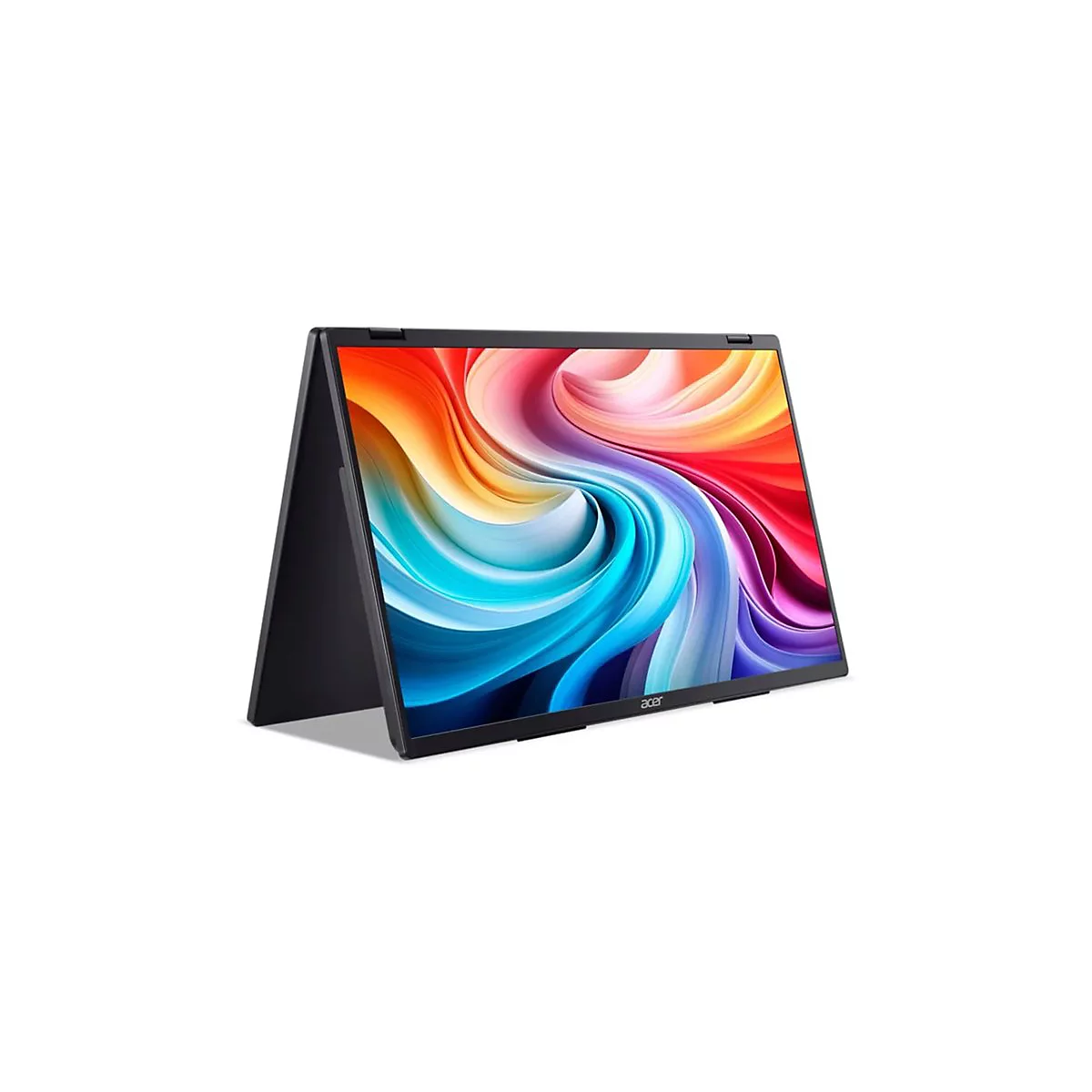 Acer Laptop in Zelt-Position auf weißem Hintergrund mit abstraktem, buntem Bildschirmhintergrund.