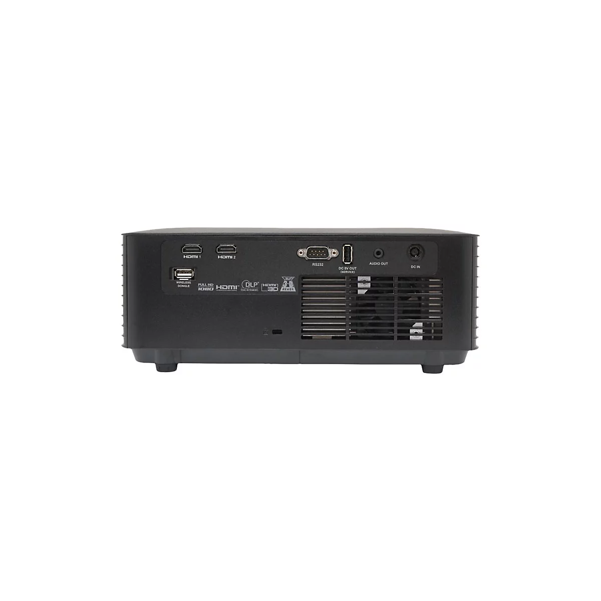 Rückseite eines schwarzen Projektors mit verschiedenen Anschlussbuchsen wie HDMI, USB und Audio sowie einem Lüftungsgitter.
