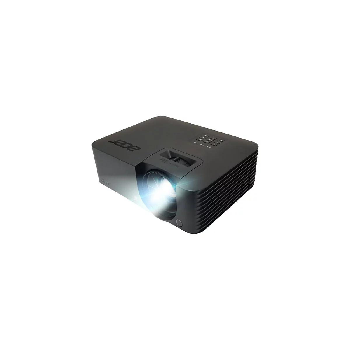 Schwarzer Acer Beamer mit leuchtender Projektionslinse vor weißem Hintergrund.