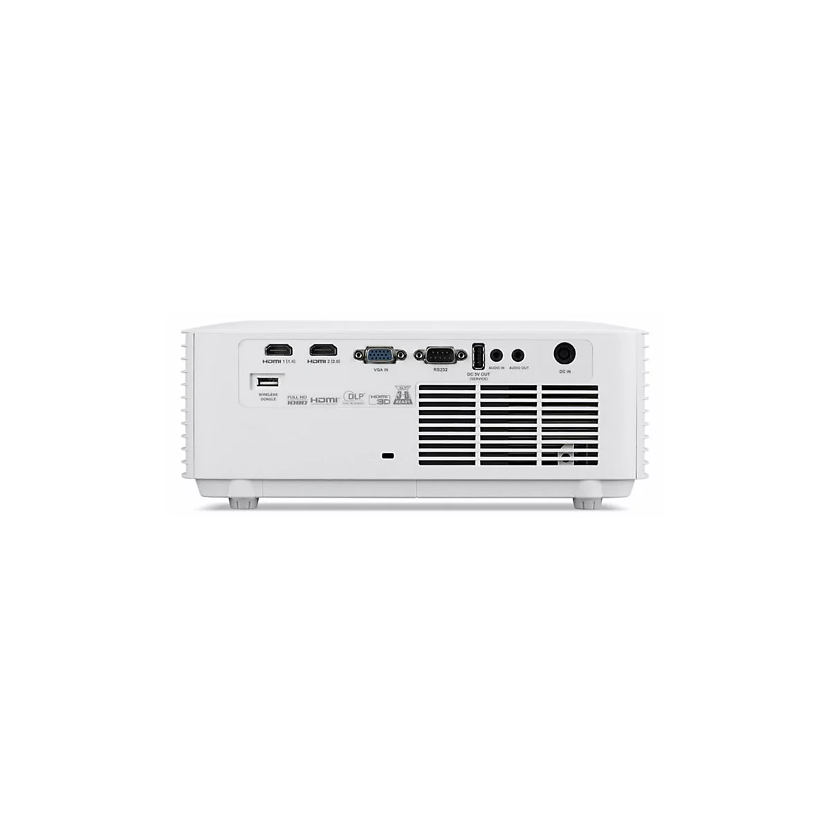 Rückseite eines weißen Projektors mit zahlreichen Anschlüssen wie HDMI, VGA und USB sowie Lüftungsschlitzen.