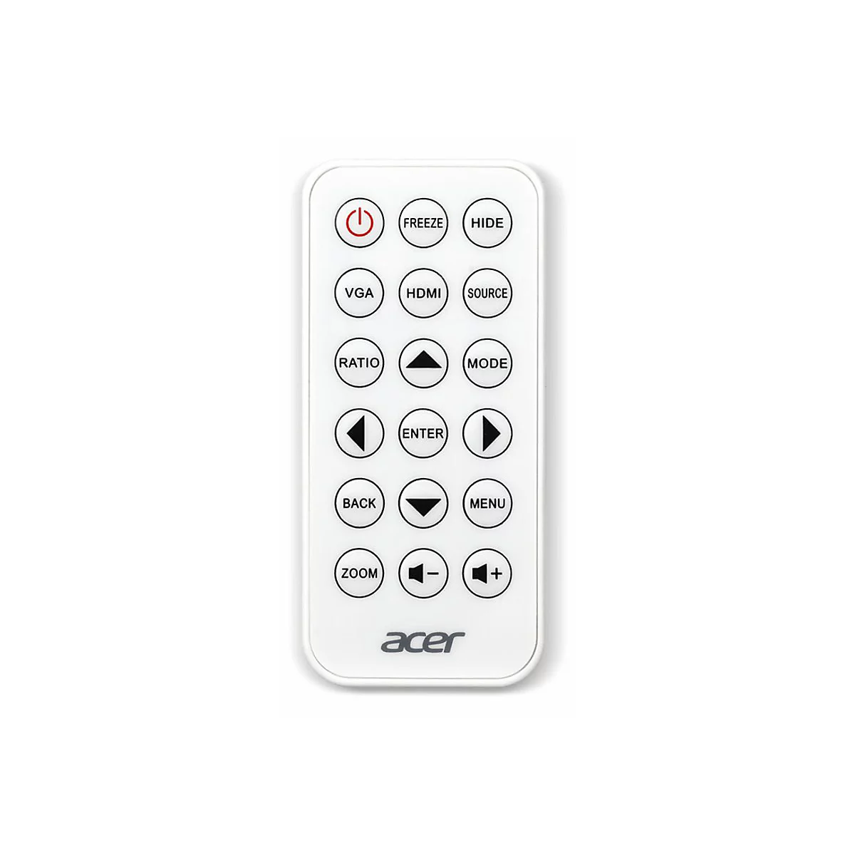 Eine weiÃŸe Fernbedienung mit runden Tasten und Beschriftungen wie VGA, HDMI und Zoom. Unten steht acer.