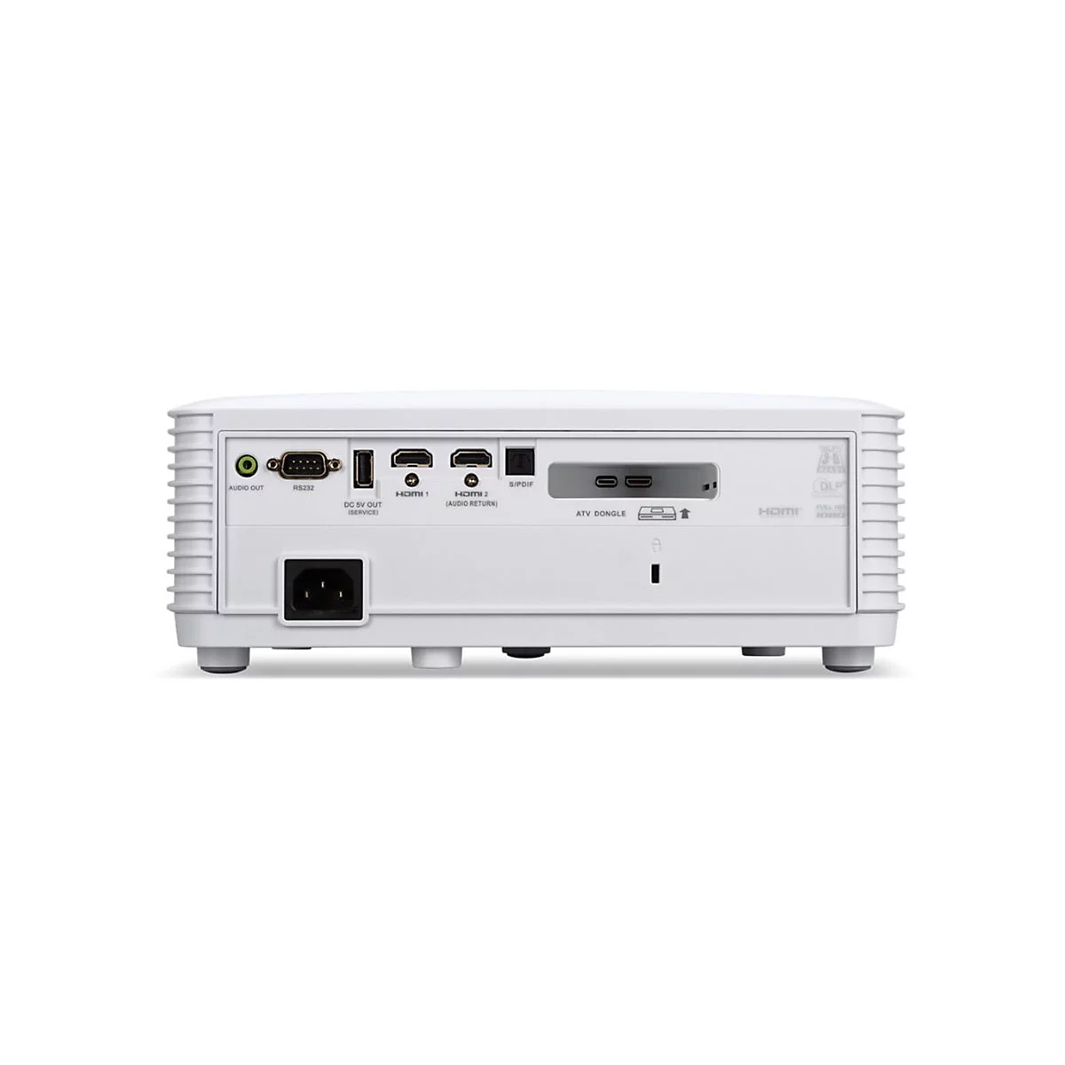 Rückansicht eines weißen Projektors mit verschiedenen Anschlüssen wie HDMI, Audio und USB.