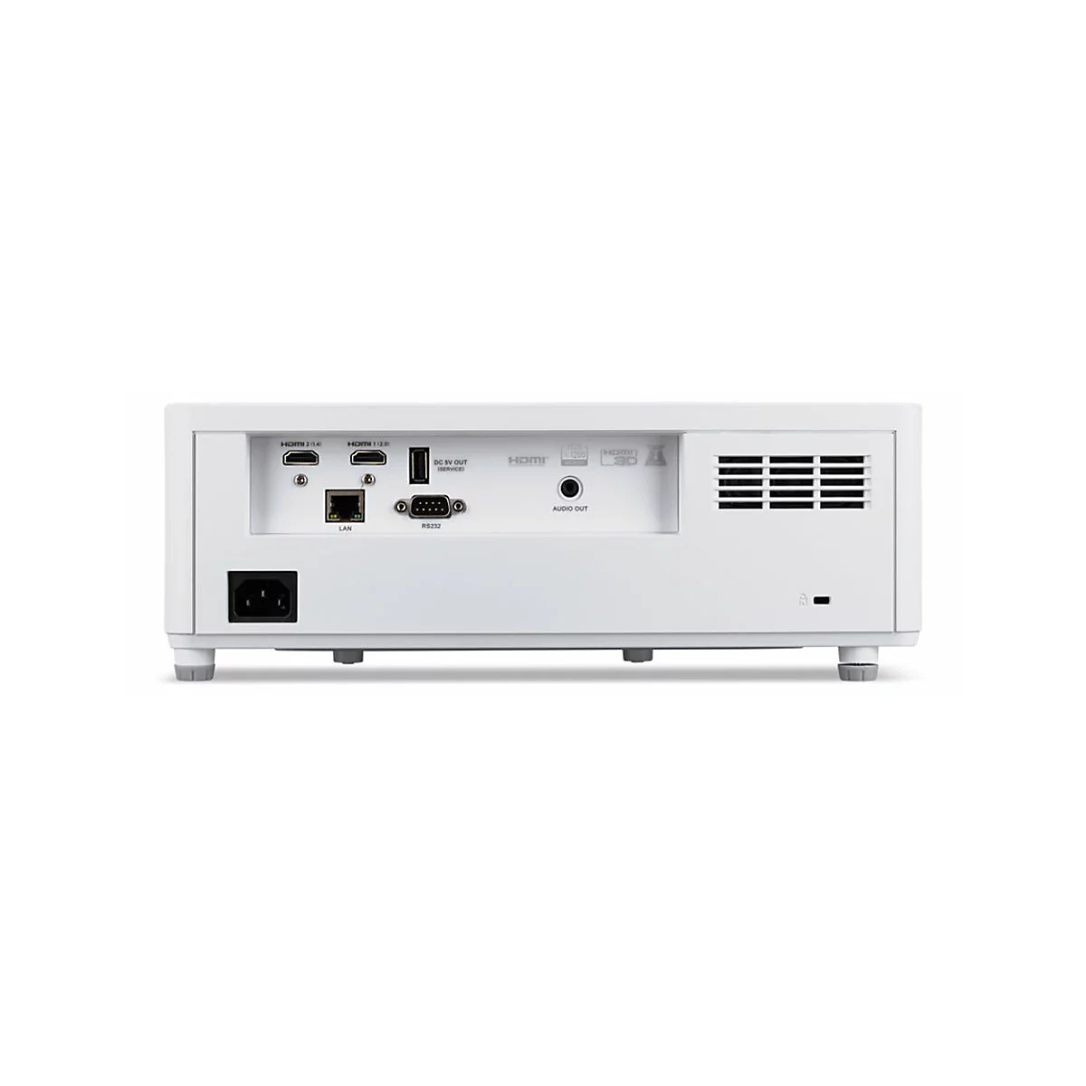 Rückansicht eines weißen Projektors mit zahlreichen Anschlüssen wie HDMI, LAN und Audio.
