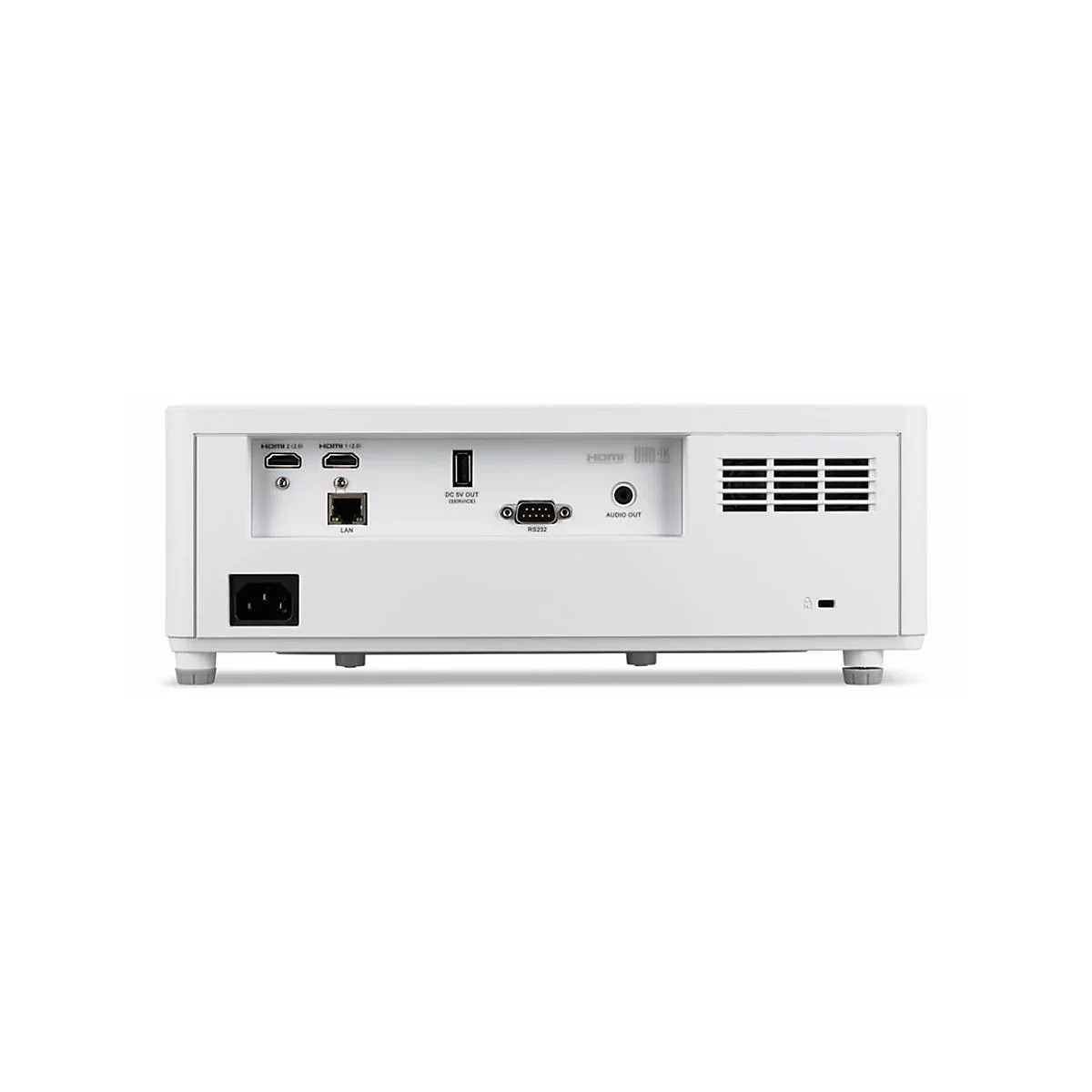 Rückseite eines weißen Projektors mit verschiedenen Anschlüssen wie HDMI, LAN, USB und Audio.