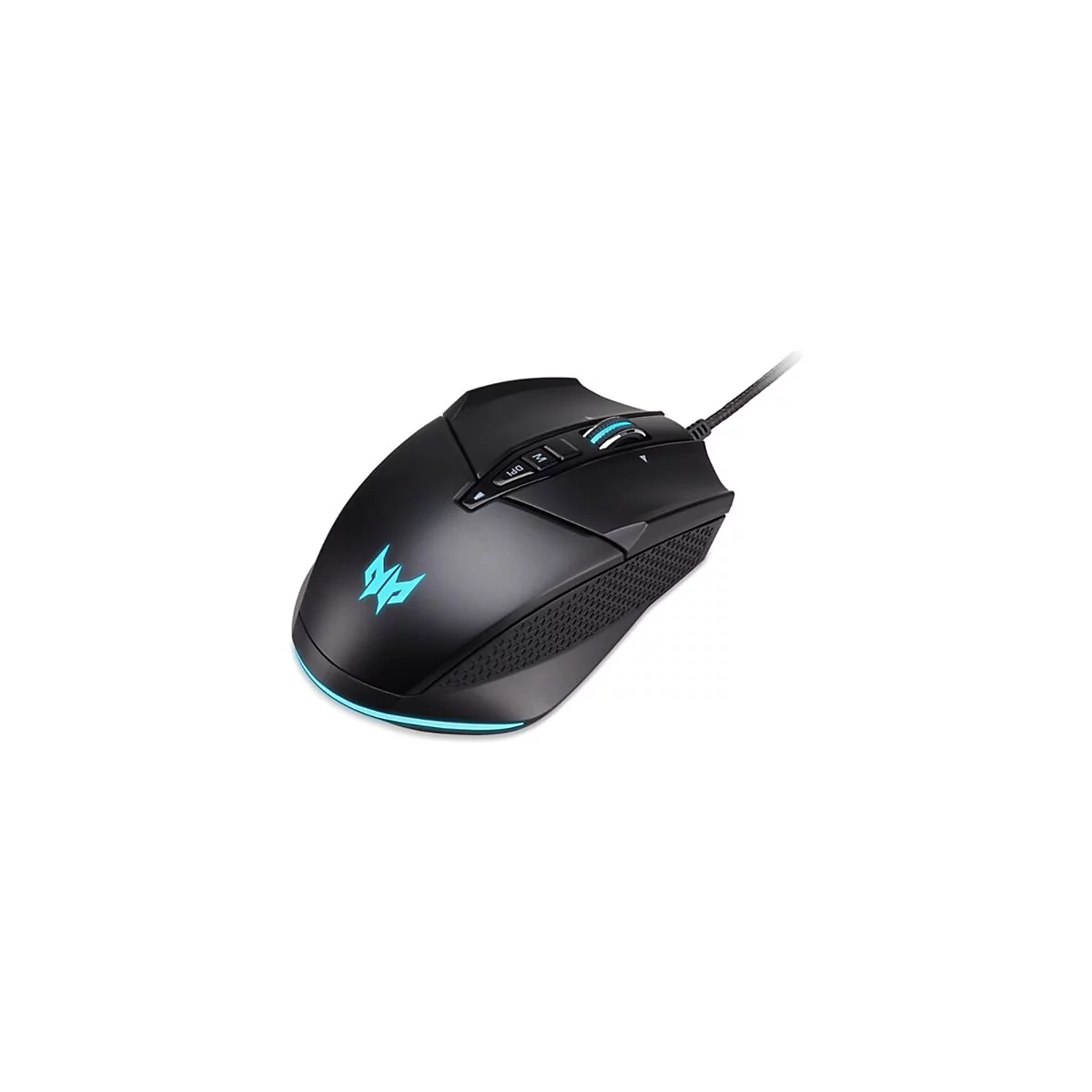 Schwarze Acer Predator Gaming-Maus mit blau beleuchtetem Logo und Mausrad vor weißem Hintergrund.