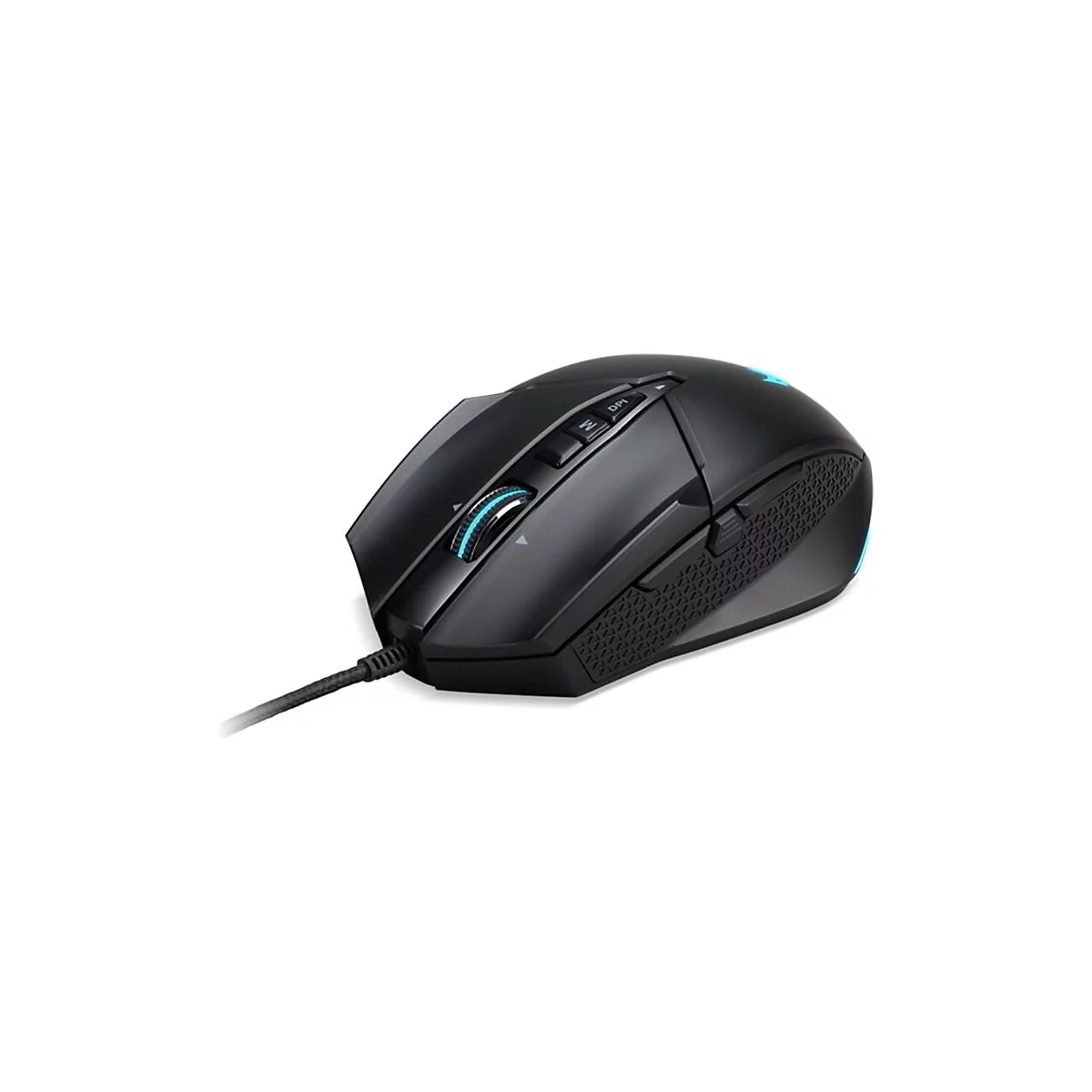 Schwarze Gaming-Maus mit blau beleuchtetem Scrollrad und DPI-Taste auf weißem Hintergrund.