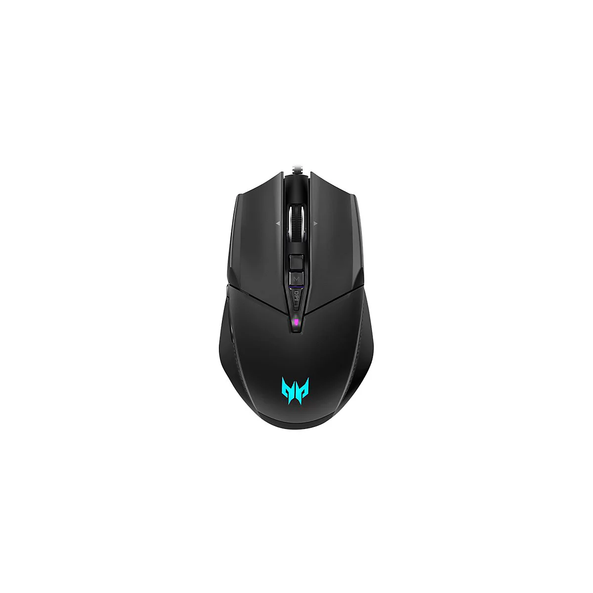 Schwarze Gaming-Maus mit blau beleuchtetem Predator-Logo und DPI-Taste auf weißem Hintergrund.