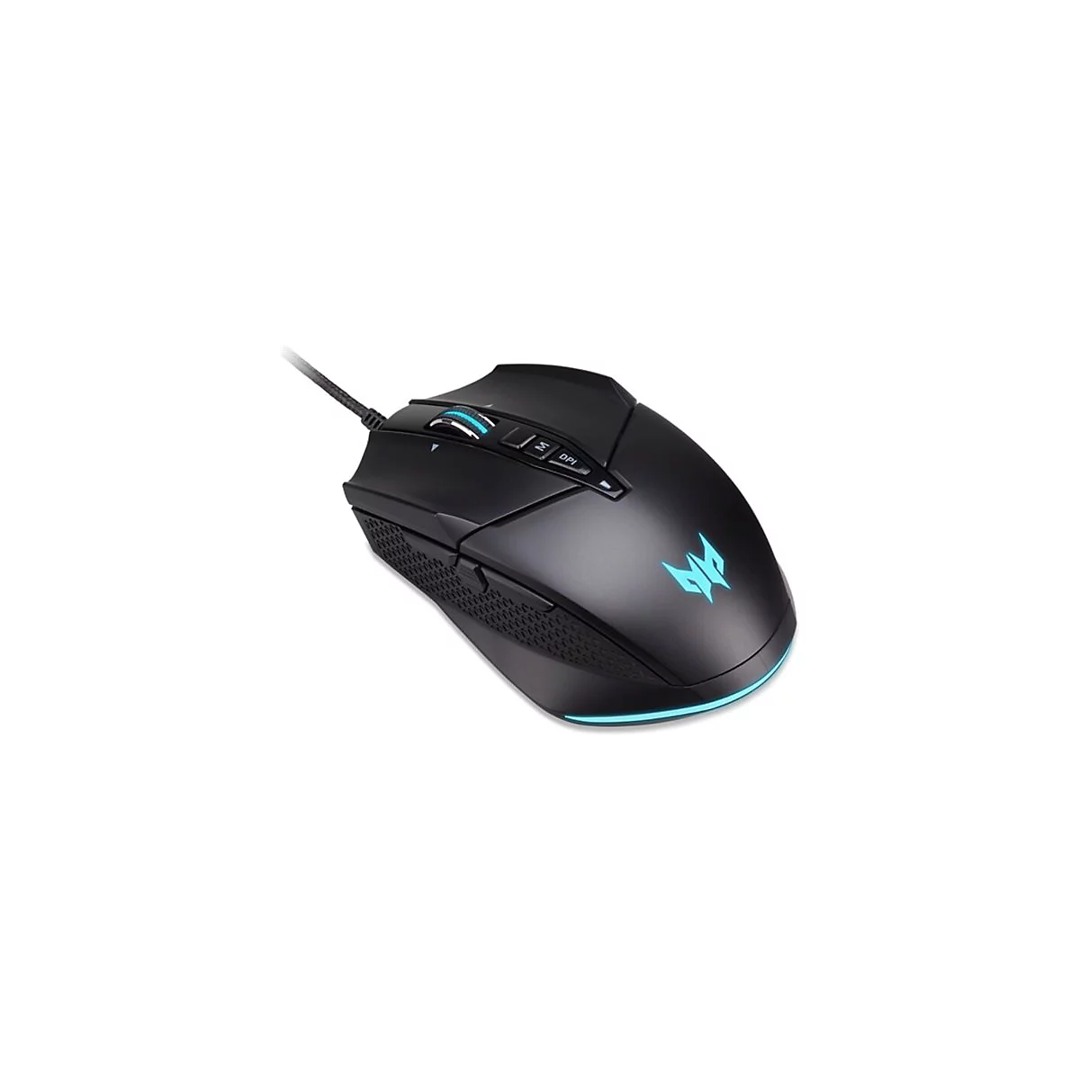Schwarze Gaming-Maus mit blau beleuchtetem Predator-Logo und Kabel auf weißem Grund.