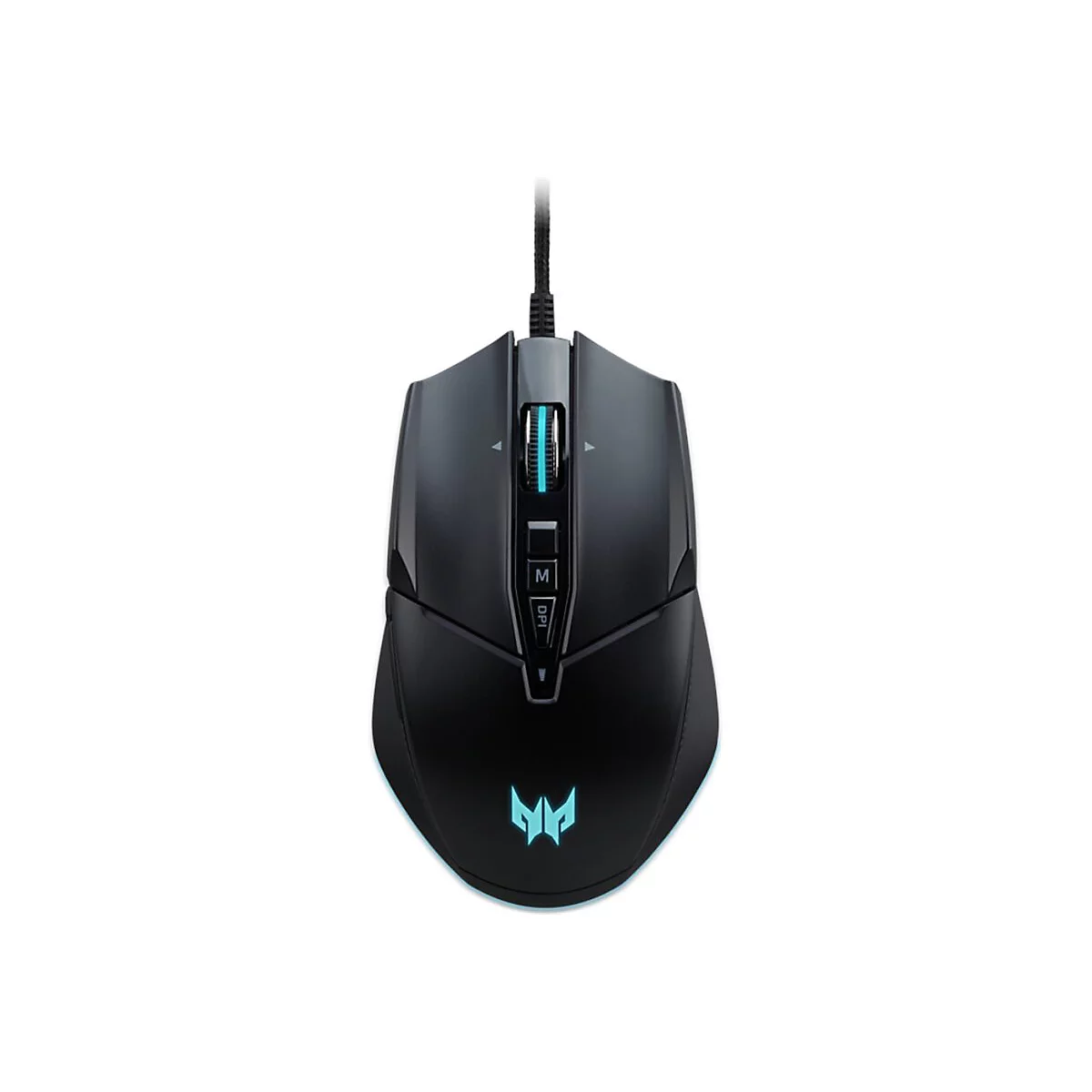 Schwarze Gaming-Maus mit blau beleuchtetem Predator-Logo und Mausrad vor weißem Hintergrund.