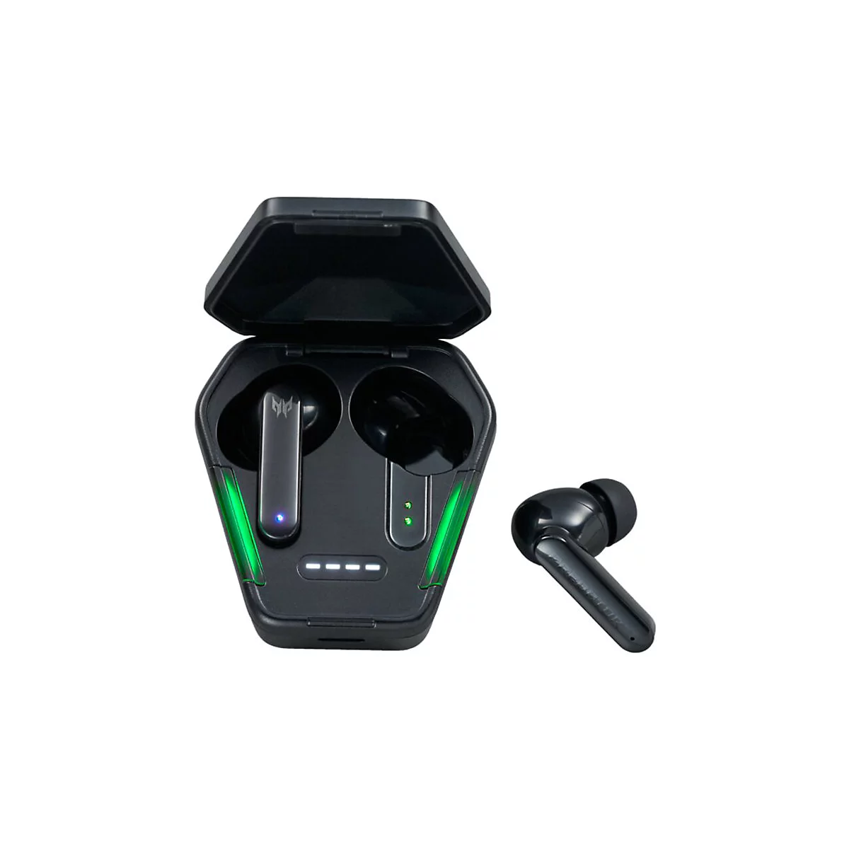 Schwarze In-Ear-Kopfhörer mit Ladecase und grüner LED-Beleuchtung auf weißem Hintergrund.