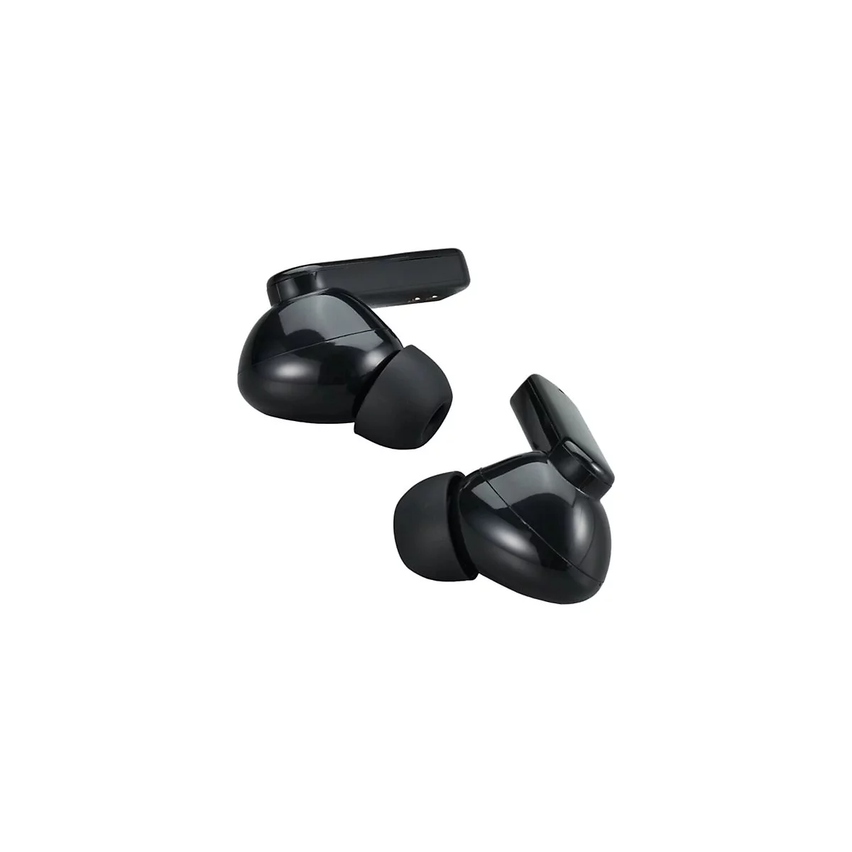 Zwei schwarze In-Ear-Kopfhörer mit glänzender Oberfläche vor weißem Hintergrund.