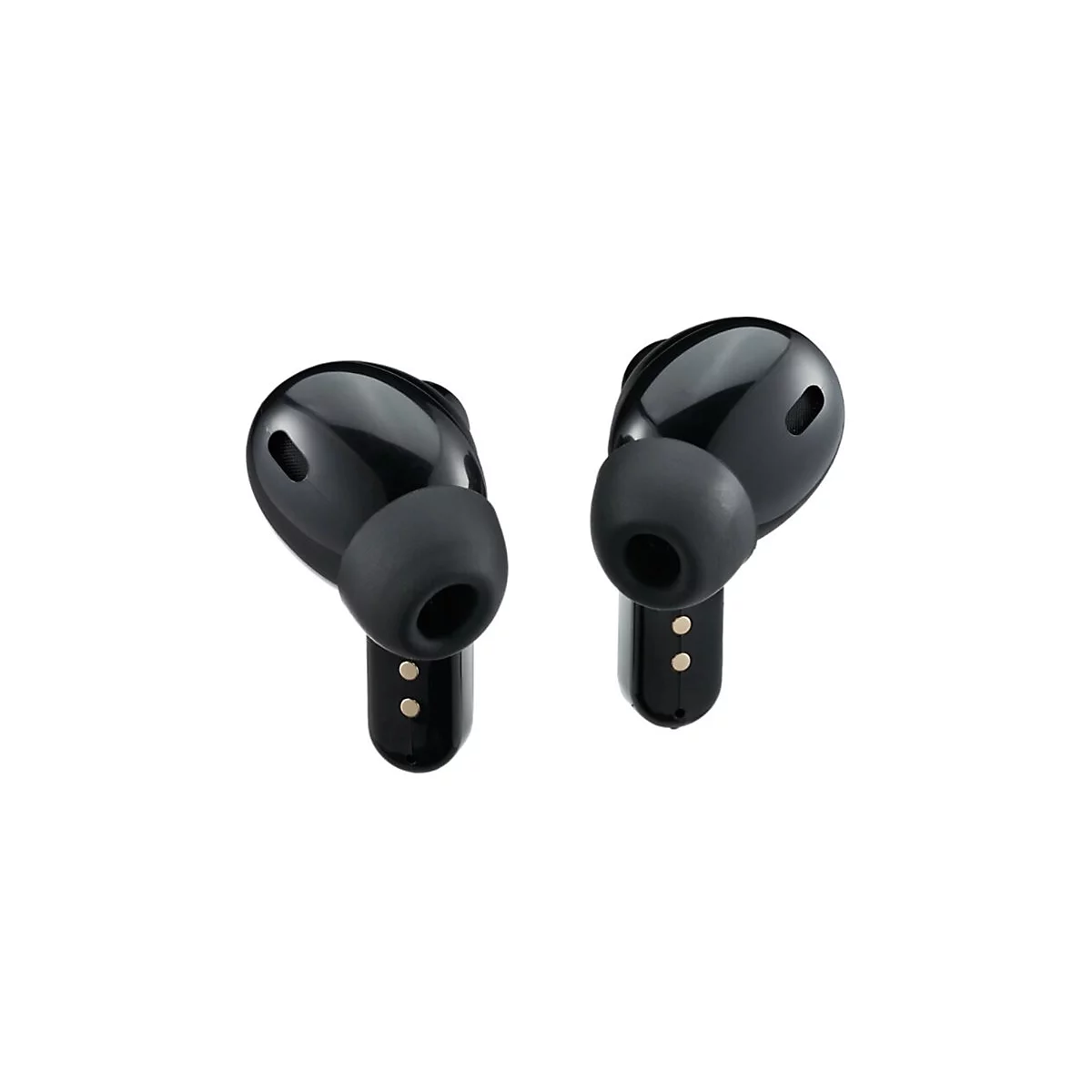Zwei schwarze, glänzende In-Ear-Kopfhörer vor weißem Hintergrund.