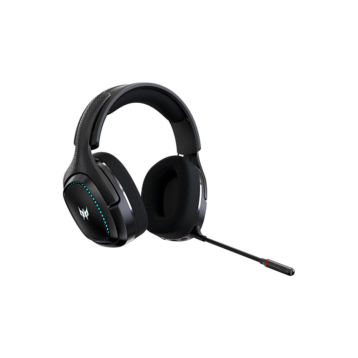 Schwarzes Predator Gaming-Headset mit blau beleuchtetem Logo und ausziehbarem Mikrofon vor weißem Hintergrund.