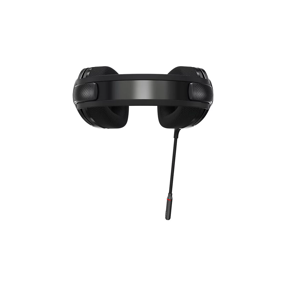 Schwarzes Gaming-Headset in der Frontansicht vor weißem Hintergrund mit abstehendem Mikrofonarm.