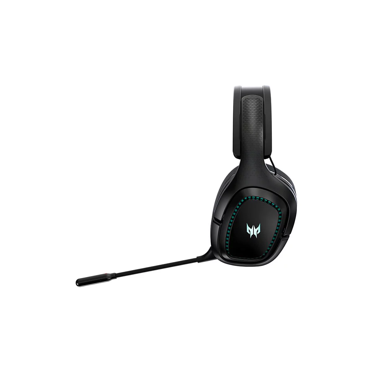 Schwarzes Acer Predator Gaming-Headset mit blau beleuchtetem Logo und ausklappbarem Mikrofon vor weißem Hintergrund.