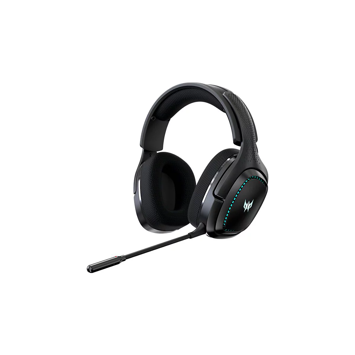 Schwarzes Acer Predator Gaming-Headset mit blauem Lichteffekt und Mikrofon vor weißem Hintergrund.