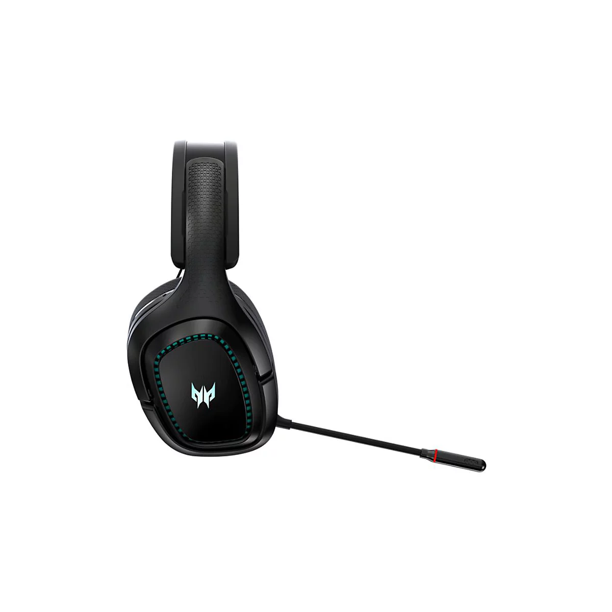Schwarzes Gaming-Headset mit blauem Predator-Logo auf der Ohrmuschel und ausziehbarem Mikrofon vor weißem Hintergrund.