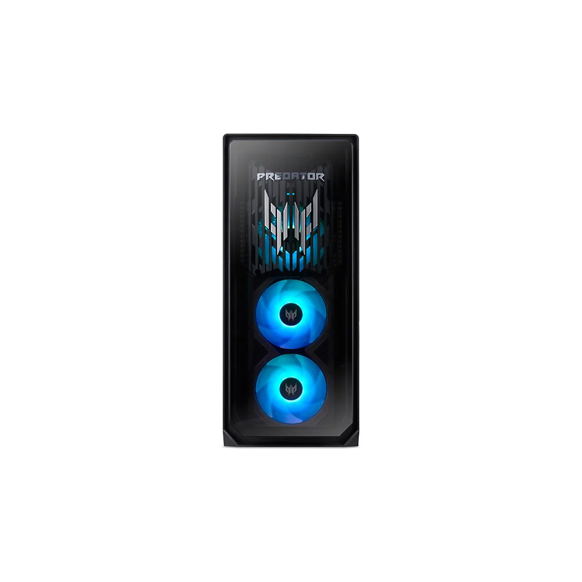 Schwarzer PC-Tower mit blauen Lüftern und Predator-Logo.