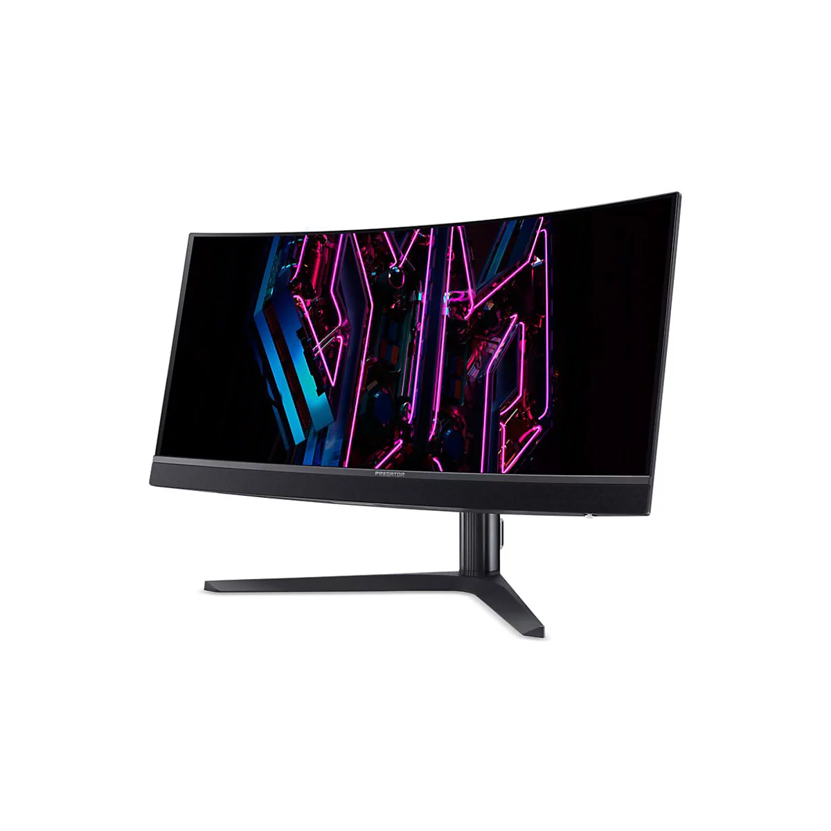 Acer Predator Curved Gaming-Monitor vor weißem Hintergrund mit leuchtendem, violett-blauem Grafikdesign auf dem Display.