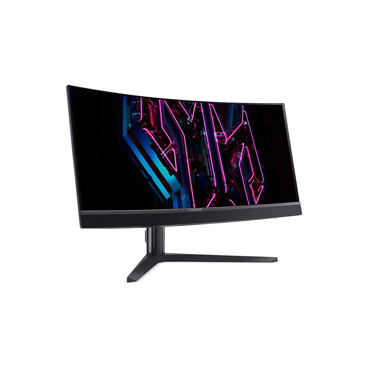 Acer Predator Curved Gaming-Monitor vor weißem Hintergrund mit leuchtendem, abstraktem Grafikdesign auf dem Display.