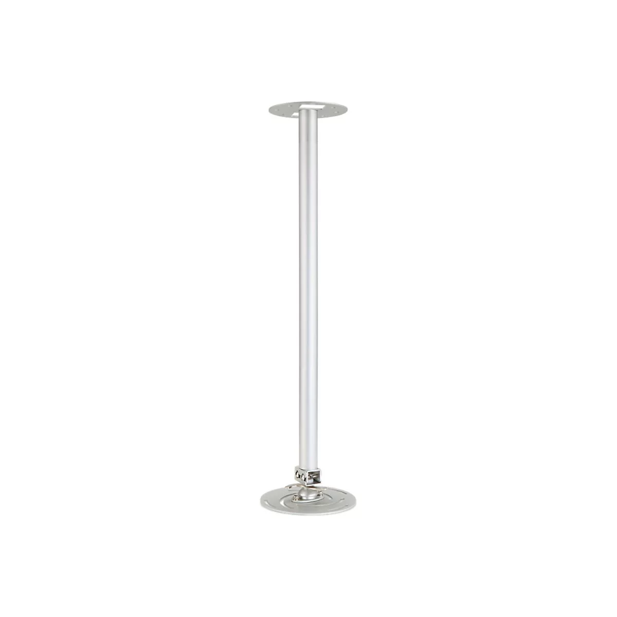 Silberne Deckenhalterung mit langem vertikalem Rohr und runden Montageplatten.