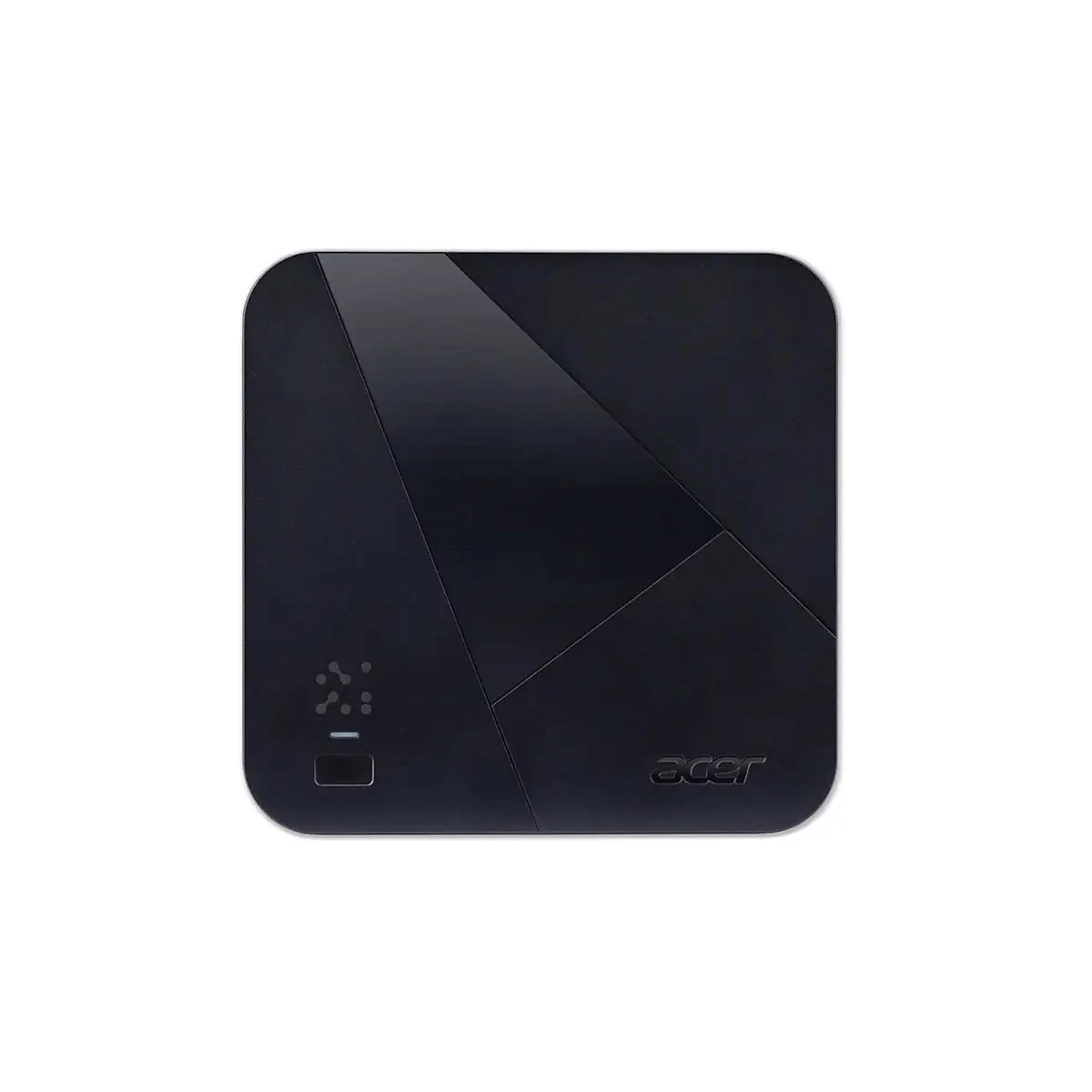 Schwarzes Acer-Gerät mit geometrischem Design. Unten links befinden sich Anzeigen, rechts der Schriftzug Acer.