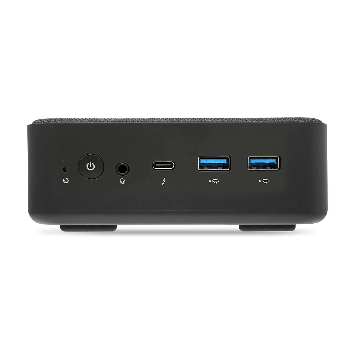 Schwarzer Mini-PC mit Anschlüssen wie USB, Stromanschluss und Kopfhöreranschluss.