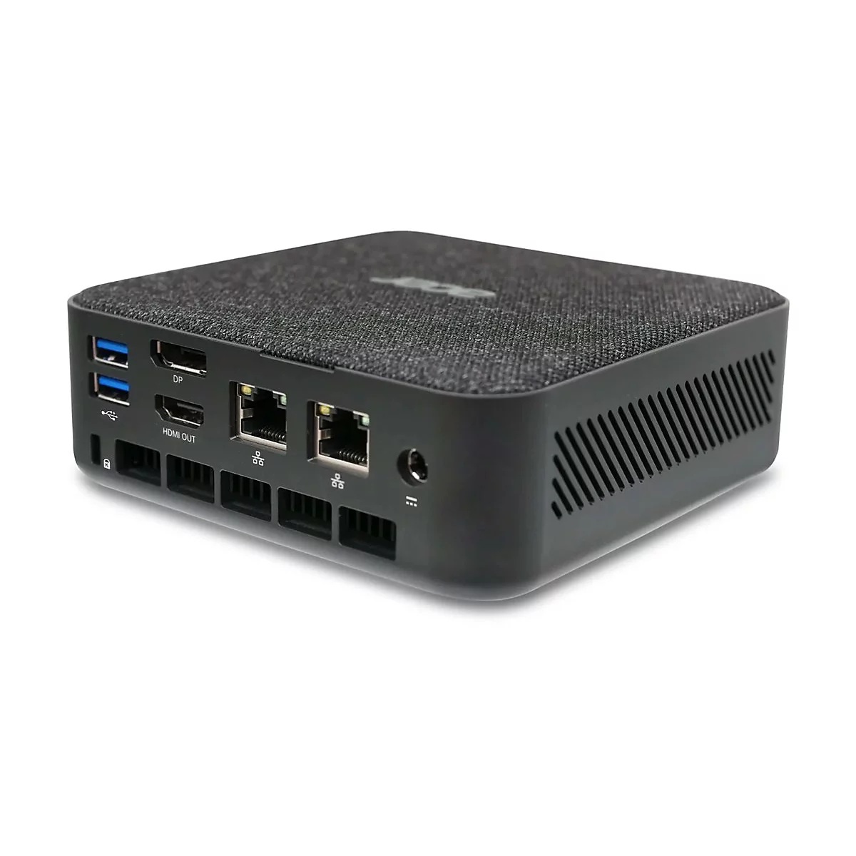 Schwarzer Mini-PC mit grauem Stoffbezug. Sichtbar sind Anschlüsse wie USB, HDMI und Ethernet.