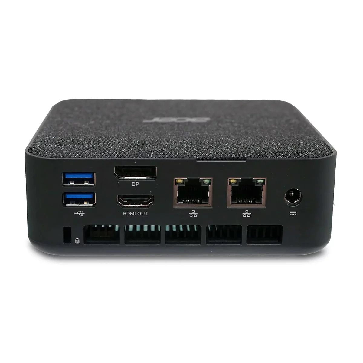 Schwarzer Acer-Mini-PC mit Anschlüssen für USB, HDMI, DP und Ethernet. Der Deckel ist dunkelgrau strukturiert.