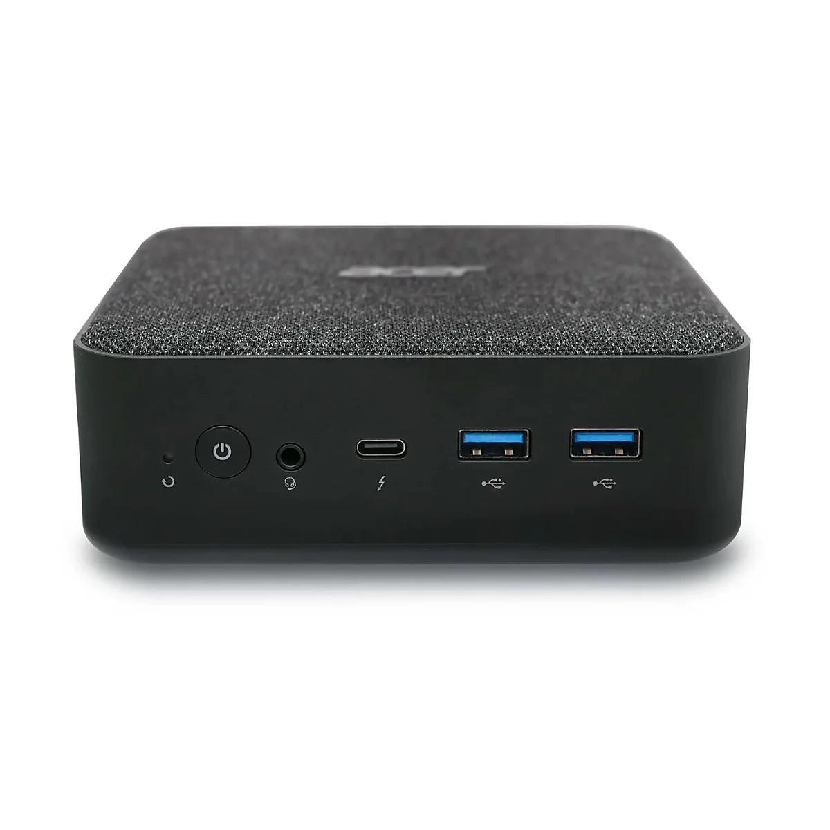 Schwarzer Mini-PC, die Front zeigt Anschlüsse: Audio, Strom, USB-A, USB-C.