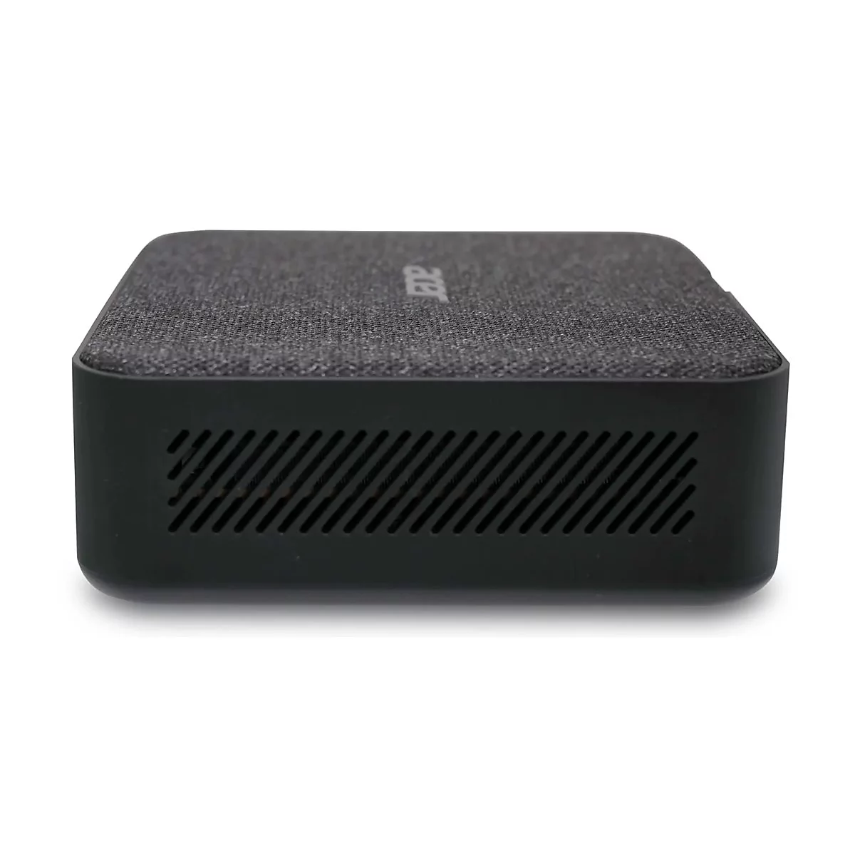 Schwarzer Mini-PC von Acer. Obere Abdeckung grau meliert, Unterteil schwarz mit Lüftungsschlitzen. Acer-Logo oben.