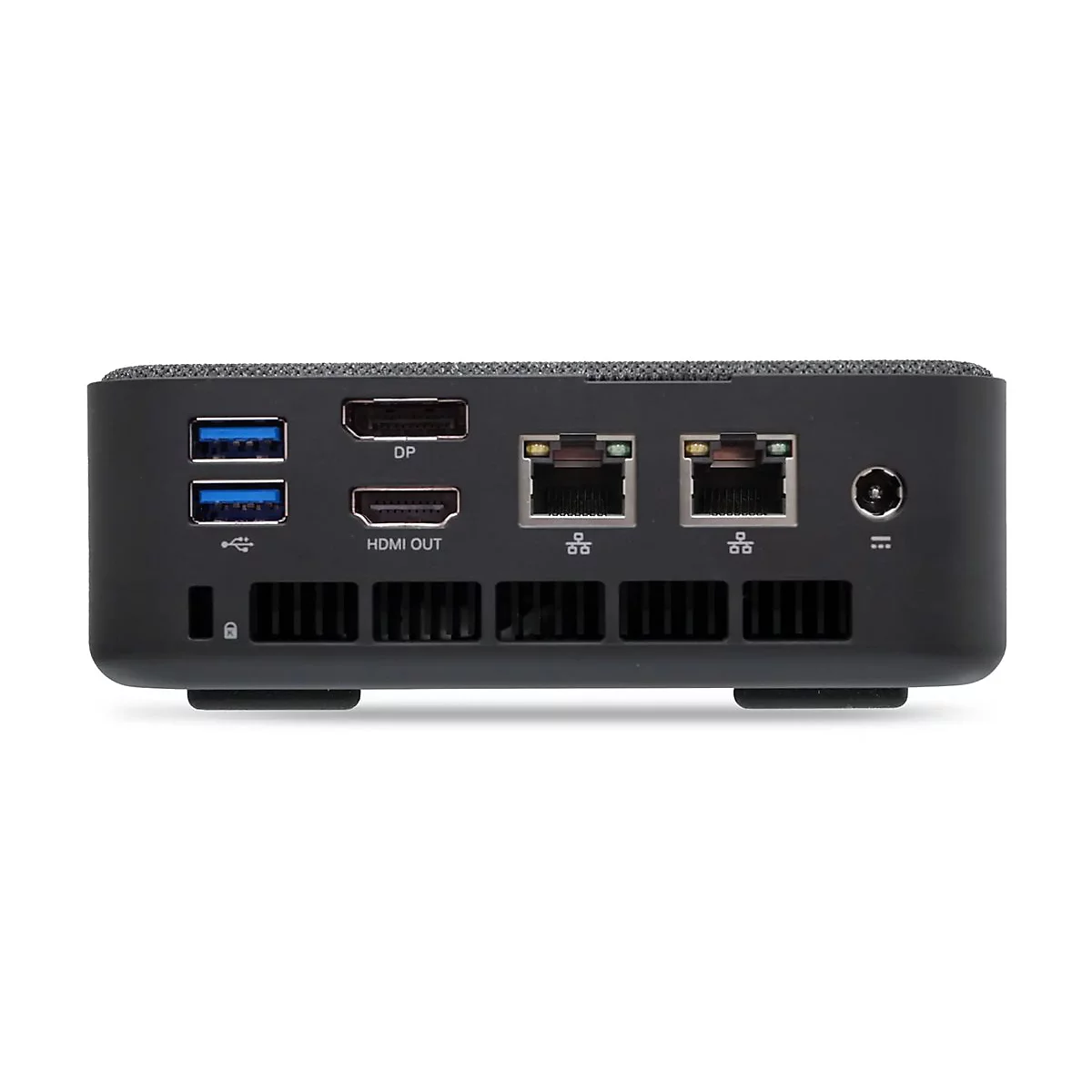Rückseite eines schwarzen Mini-PCs. Anschlüsse: USB, HDMI, DisplayPort, Ethernet, Stromanschluss.