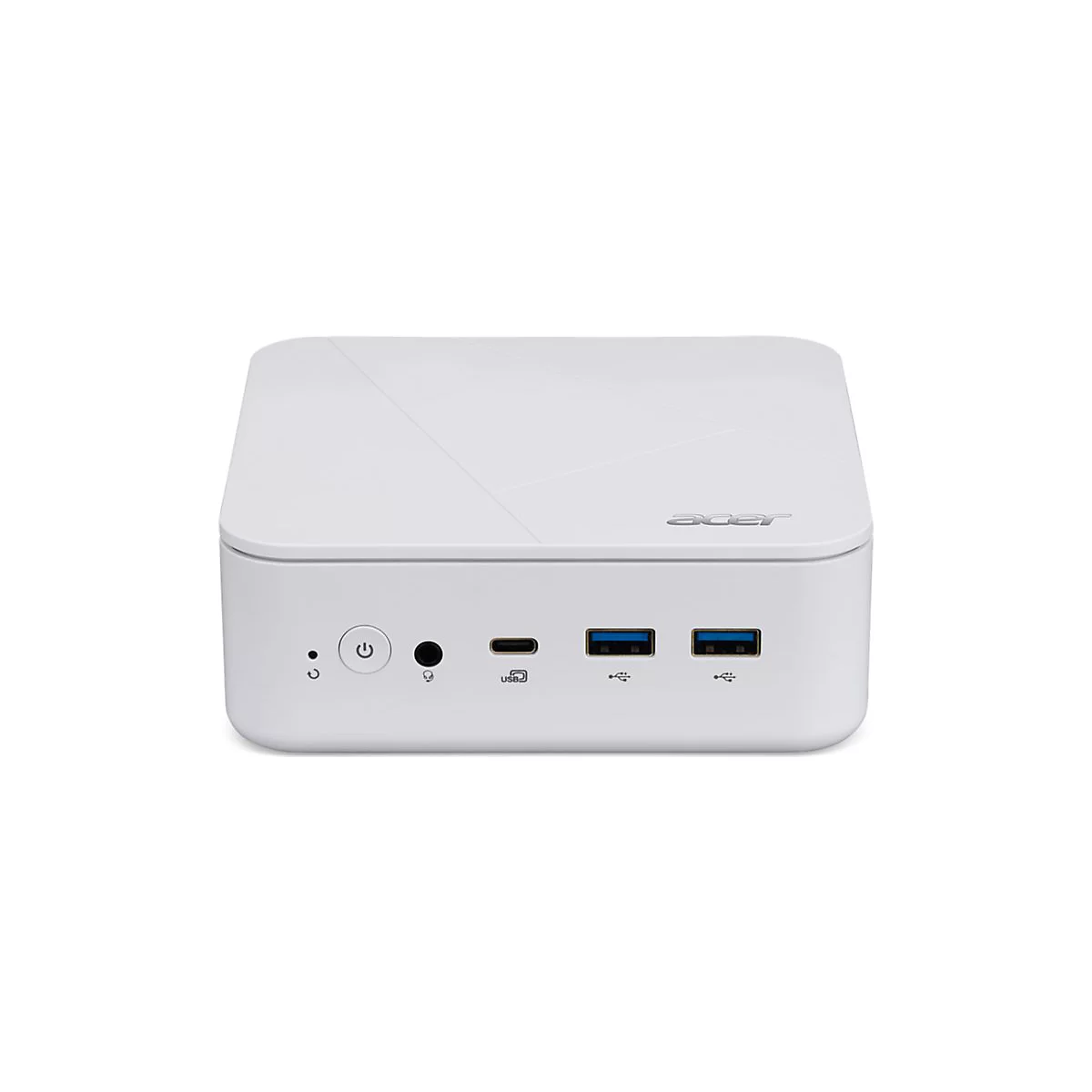 Weißer Acer Mini-PC mit USB-Anschlüssen und Power-Knopf. Obere Abdeckung mit diagonalen Linien. Das Acer-Logo ist sichtbar.