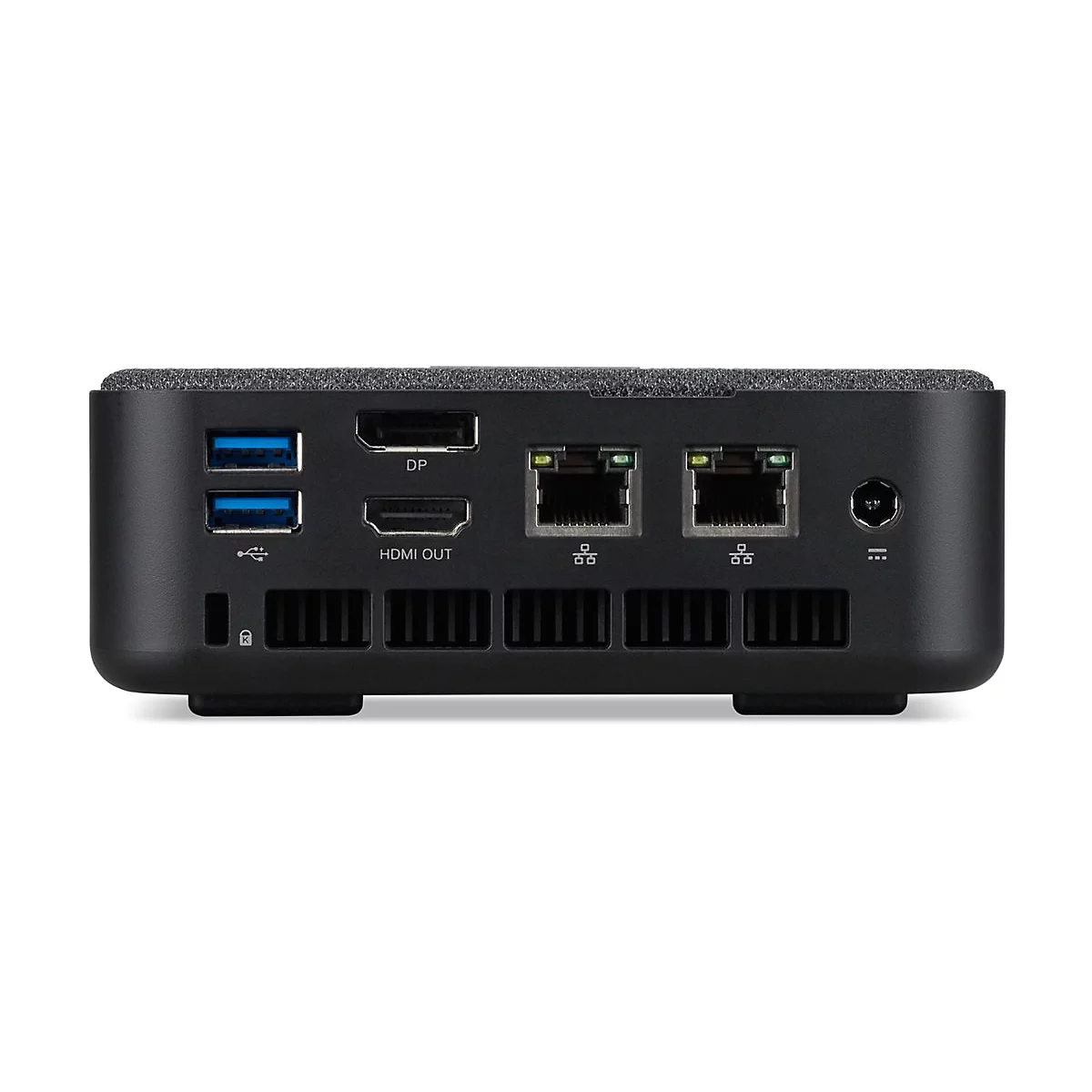 Schwarzer Mini-PC von hinten: Anschlüsse für USB, HDMI, LAN und Stromanschluss.
