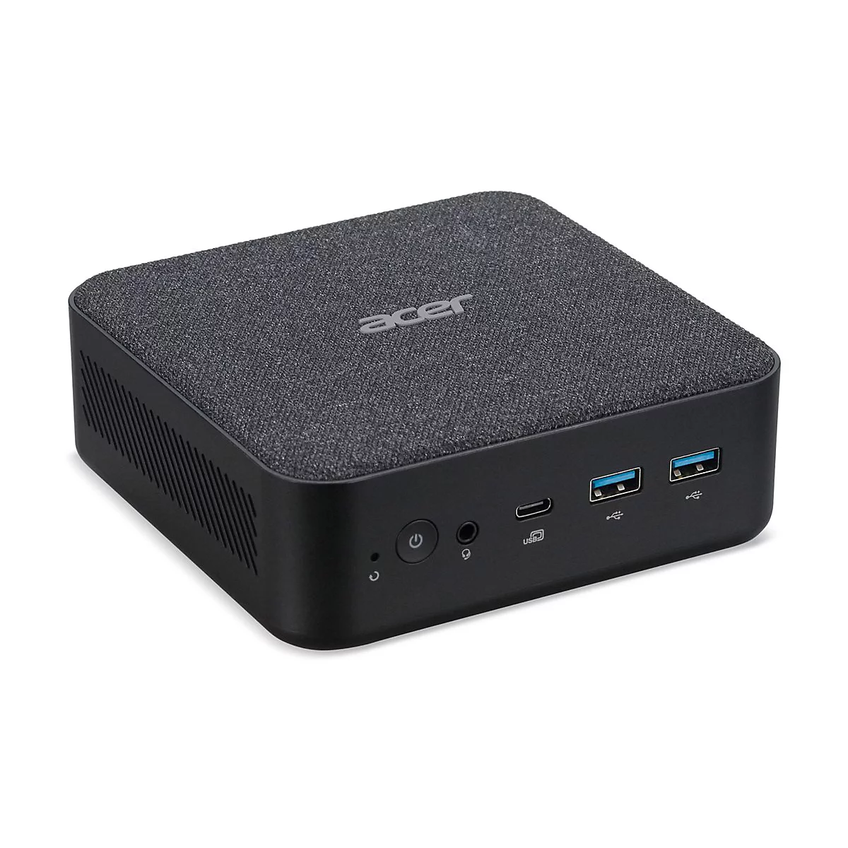 Schwarzer Acer Mini-PC, Oberseite mit Stoffstruktur, vorne USB-Anschlüsse. Acer Logo oben.