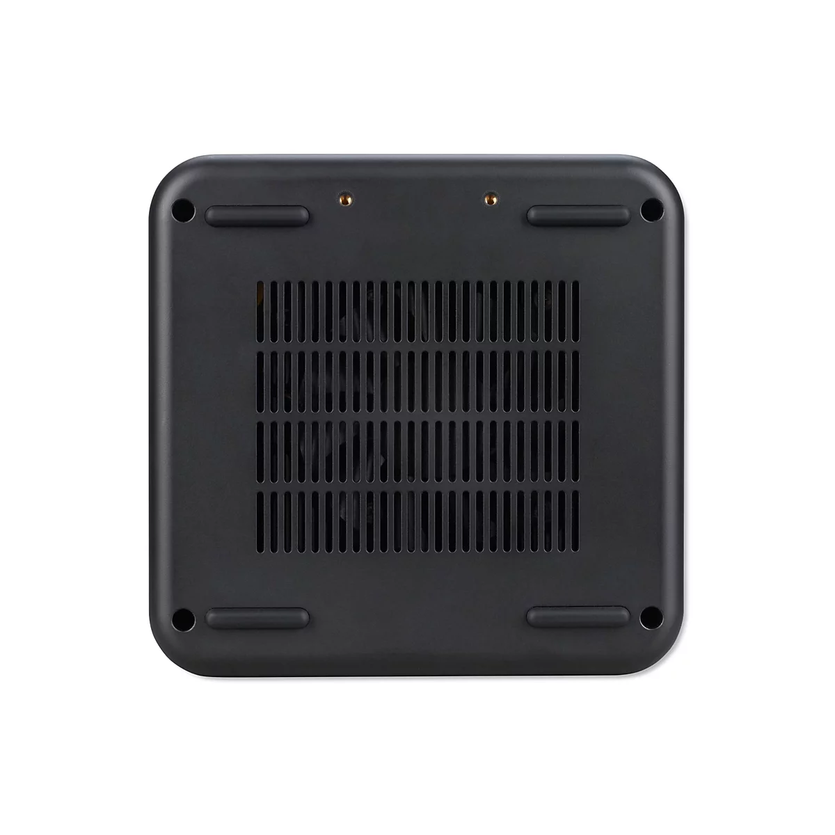 Draufsicht auf die Unterseite eines schwarzen elektronischen Geräts. Die Mitte hat Lüftungsschlitze; an den Ecken befinden sich runde Löcher und Gummifüße.
