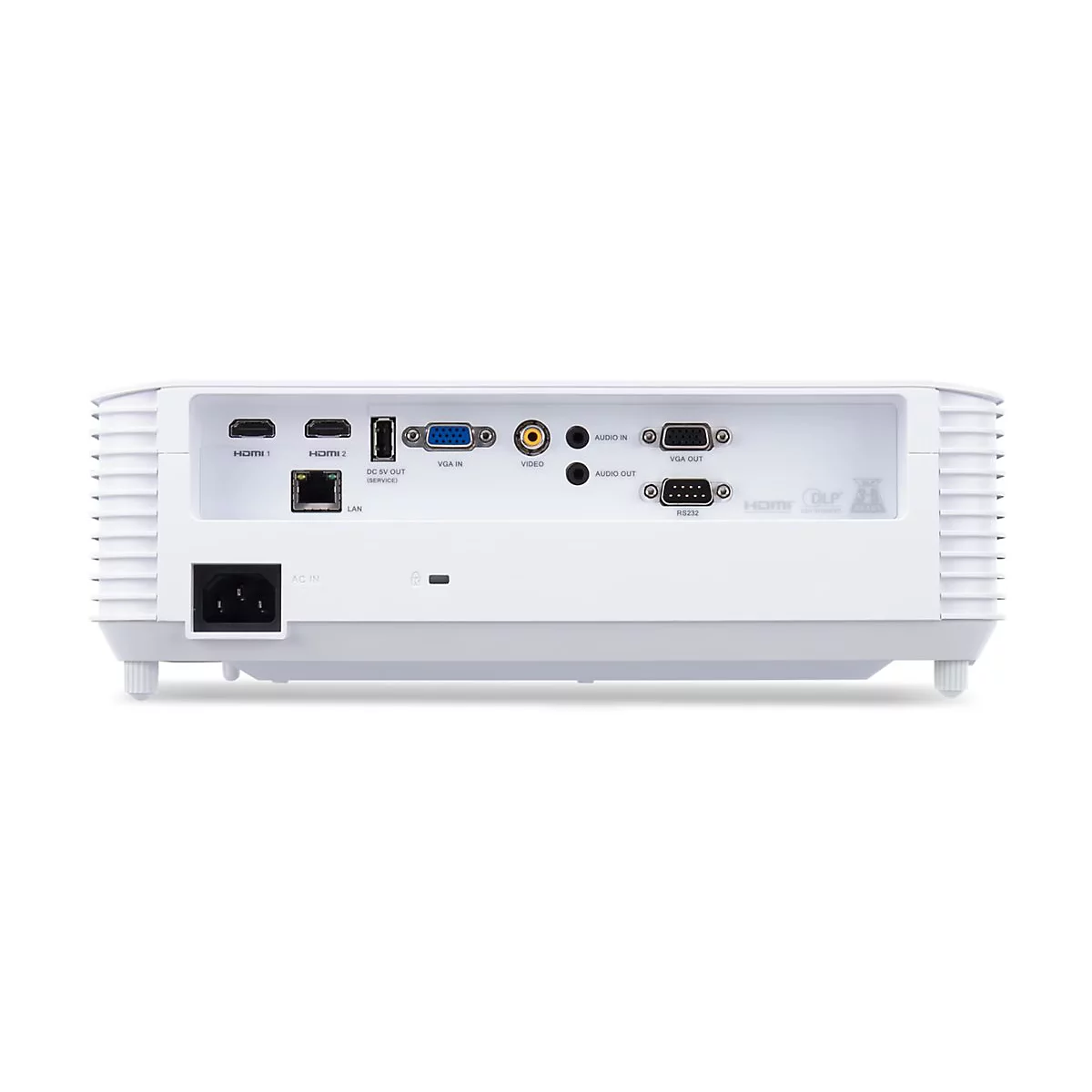 Rückansicht eines weißen Projektors mit zahlreichen Anschlüssen wie HDMI, VGA, Audio und LAN vor weißem Hintergrund.
