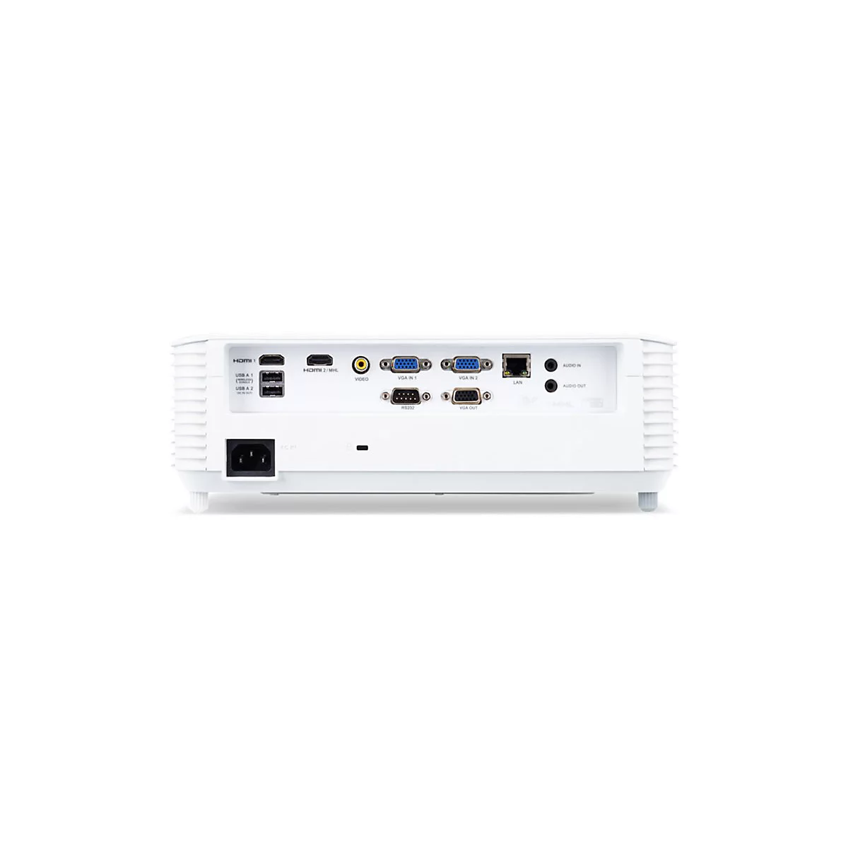 Rückseite eines weißen Projektors mit zahlreichen Anschlussmöglichkeiten wie HDMI, VGA, USB und LAN.