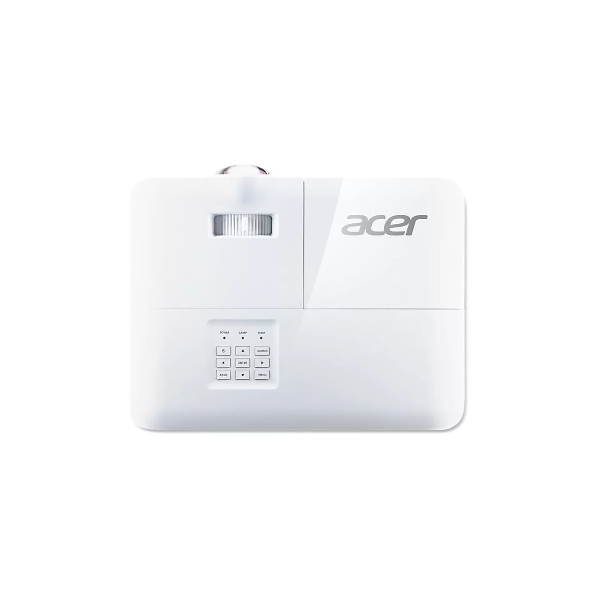 Acer Beamer in weißer Gehäusefarbe mit Bedienfeld auf der Oberseite und sichtbarem Objektiv.