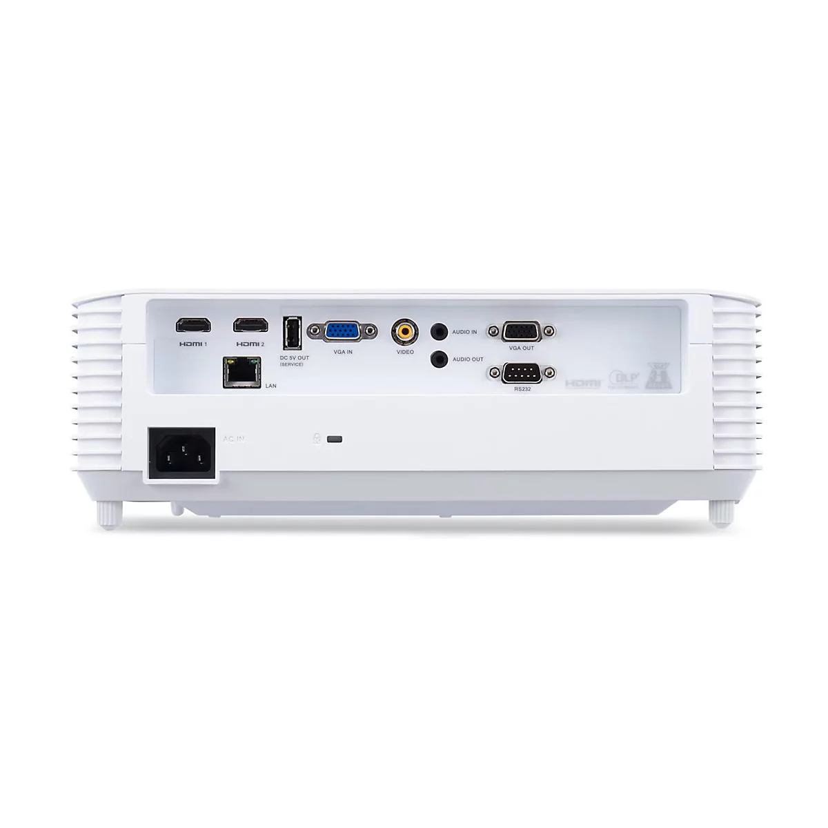Rückseite eines weißen Projektors mit zahlreichen Anschlüssen wie HDMI, VGA, USB und LAN.
